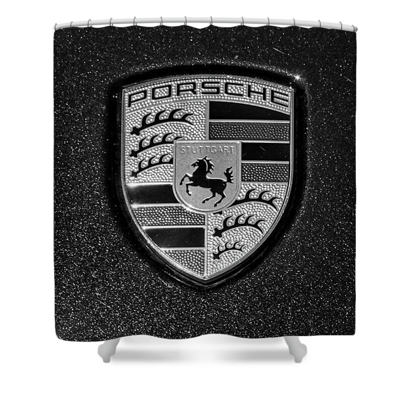Bw Shower Curtain featuring the photograph Porsche Hood Emblem Detail Black and White by Stefano Senise