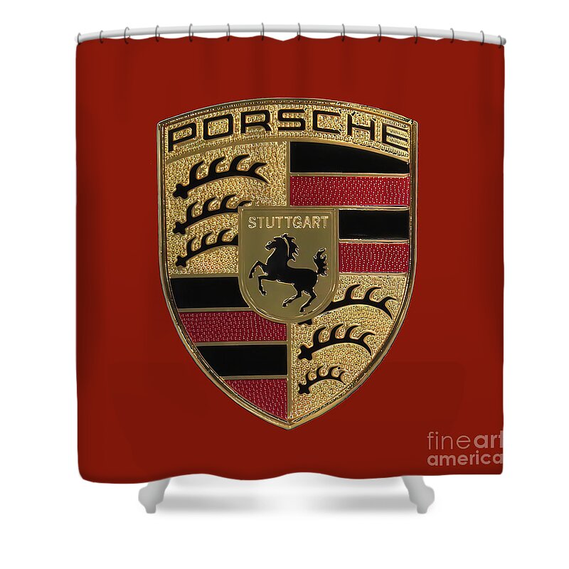  Porsche Shower Curtain featuring the photograph Porsche Logo - Crimson by Scott Cameron