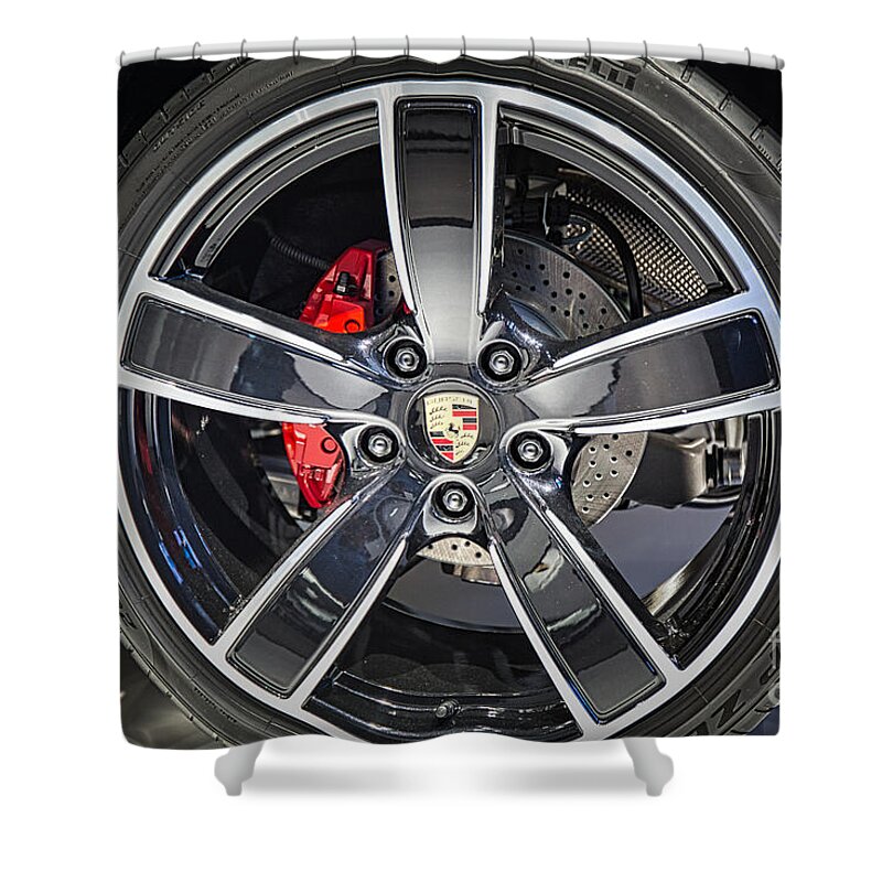 Wheel Shower Curtain featuring the photograph Porsche Wheel And Emblem by Stefano Senise