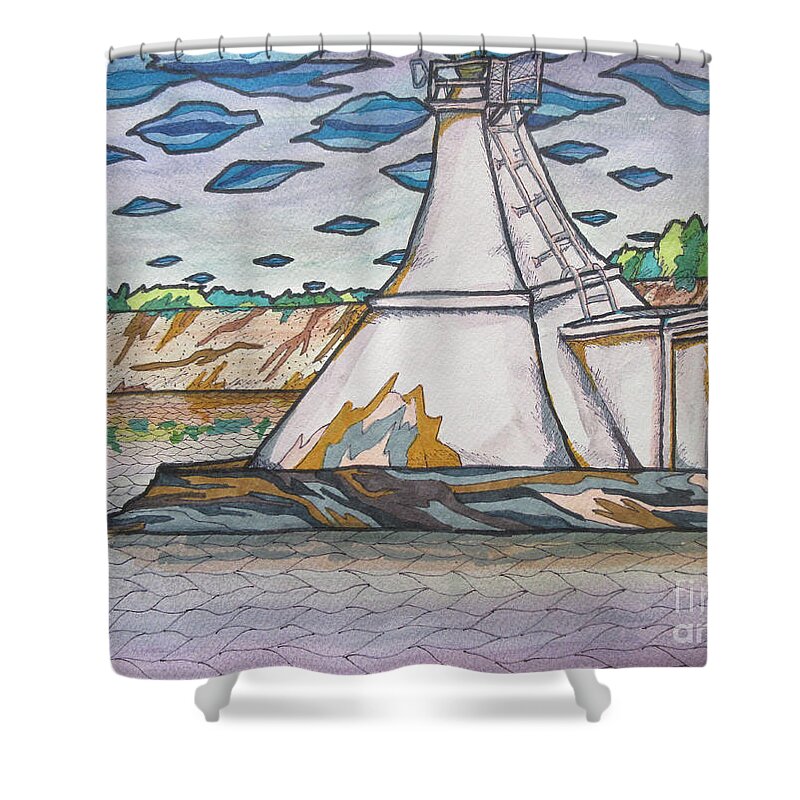 Lighthouse Water Lake Erie Port Stanlet Landscape Abstract Nature Building Ontario Canada Abstract Shower Curtain featuring the painting Port Stanley Ontario Pier Lighthouse by Bradley Boug