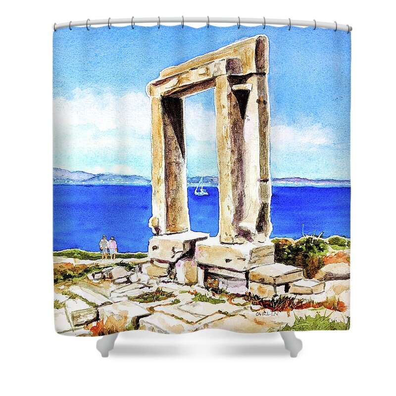 Naxos Island Shower Curtain featuring the painting Portara Apollo Temple Naxos Greece by Carlin Blahnik CarlinArtWatercolor