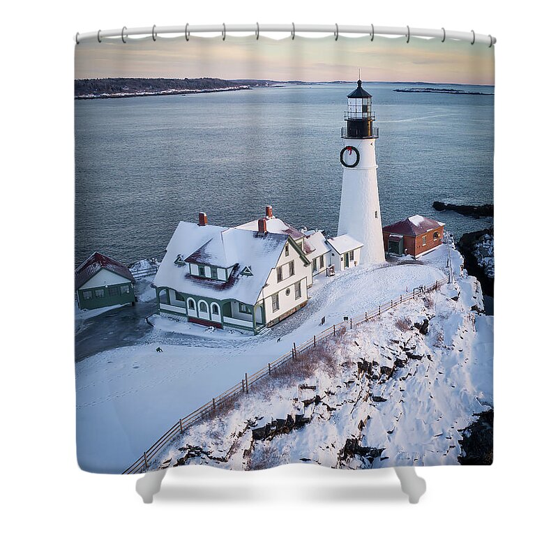 Maine Shower Curtain featuring the photograph Portland Head Light Christmas Eve by Colin Chase