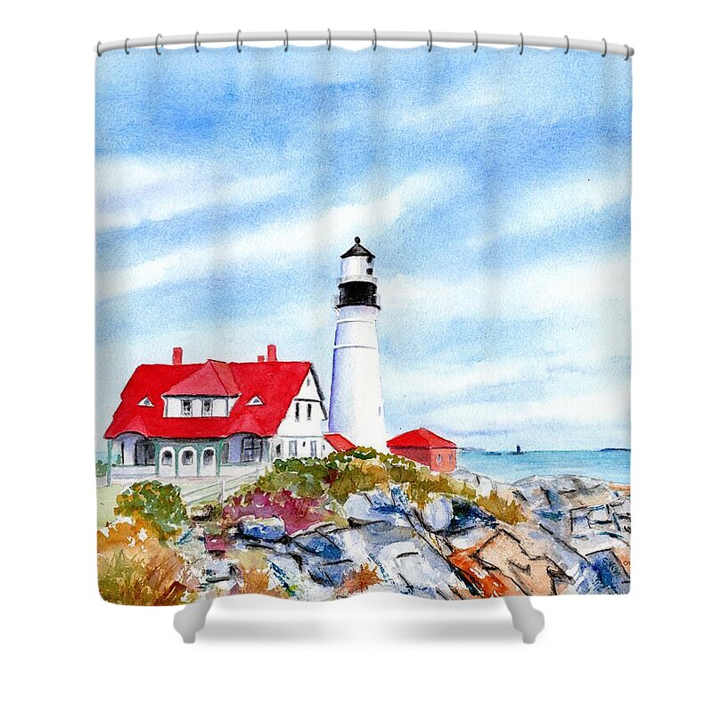 Portland Head Light Shower Curtain featuring the painting Portland Head Lighthouse Maine by Carlin Blahnik CarlinArtWatercolor