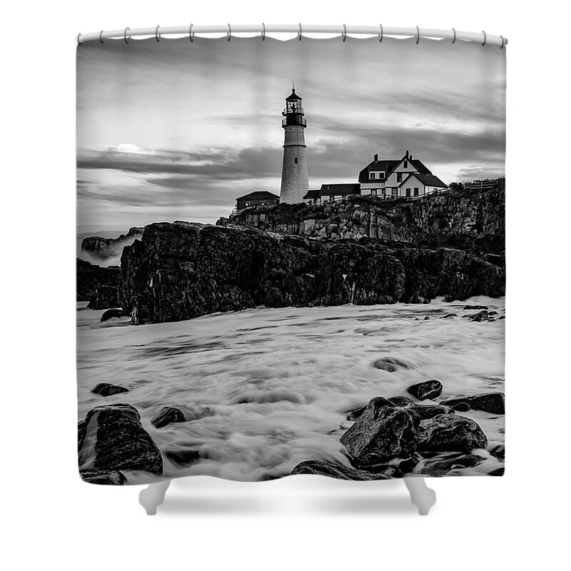 Portland Head Light Shower Curtain featuring the photograph Portland Head Lighthouse With Crashing Waves - Black and White by Gregory Ballos
