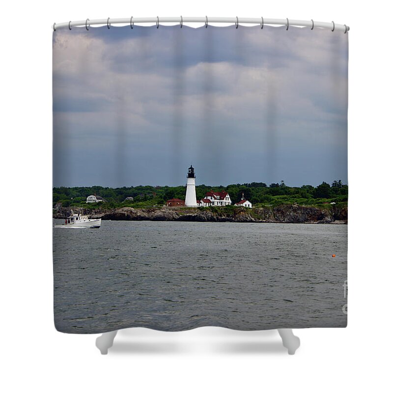 Portland Shower Curtain featuring the pyrography Portland Headlight by Annamaria Frost
