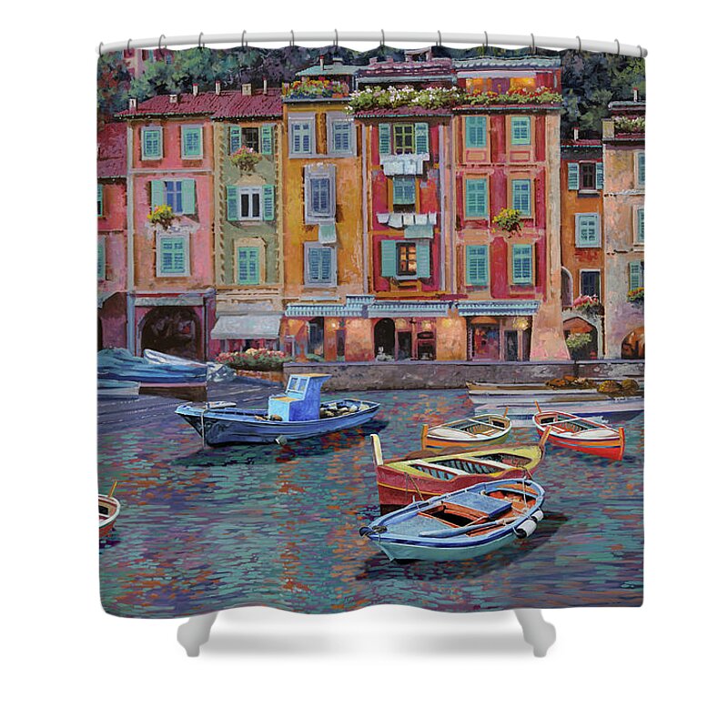 Portofino Shower Curtain featuring the painting Portofino al crepuscolo by Guido Borelli