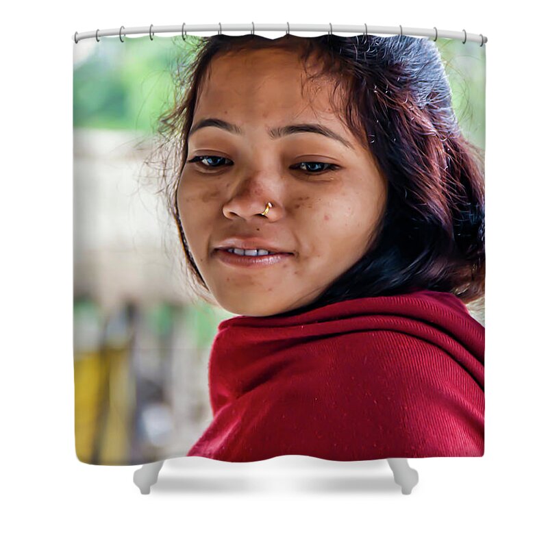 Nepal Shower Curtain featuring the photograph Portrait of a Woman in Red by Leslie Struxness