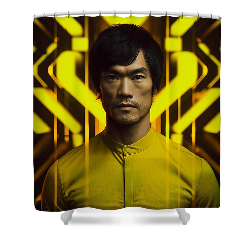 Portrait Of Bruce Lee  Surreal Cinematic Minima Art Shower Curtain featuring the painting Portrait of Bruce Lee  Surreal Cinematic Minima by Asar Studios by Celestial Images