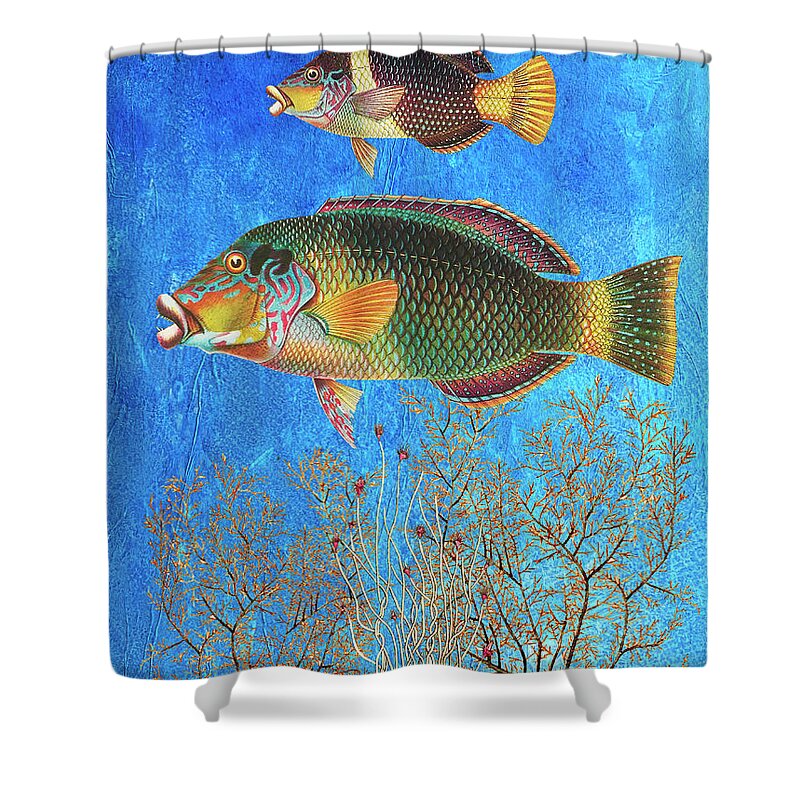 Tropical Fish Shower Curtain featuring the mixed media Portrait of Two Fish by Lorena Cassady