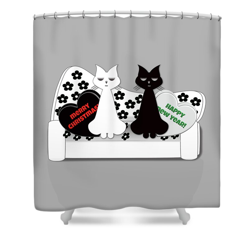 Christmas Shower Curtain featuring the digital art Christmas Cats Black and White Cartoon by Barefoot Bodeez Art