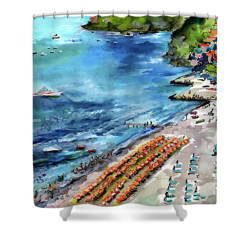 Positano Shower Curtain featuring the painting Positano Summer Beach Italy Watercolors and Ink by Ginette Callaway