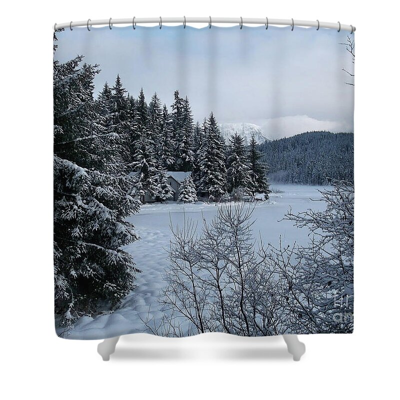 #alaska #juneau #ak #cruise #tours #vacation #peaceful #aukelake #snow #winter #cold #postcard #morning #dawn Shower Curtain featuring the photograph Postcard-esque by Charles Vice