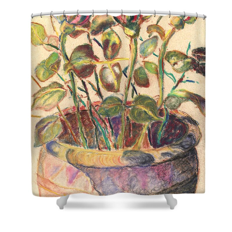 Tai Yee Shower Curtain featuring the pastel Potted Flowers by Linda Ruiz-Lozito