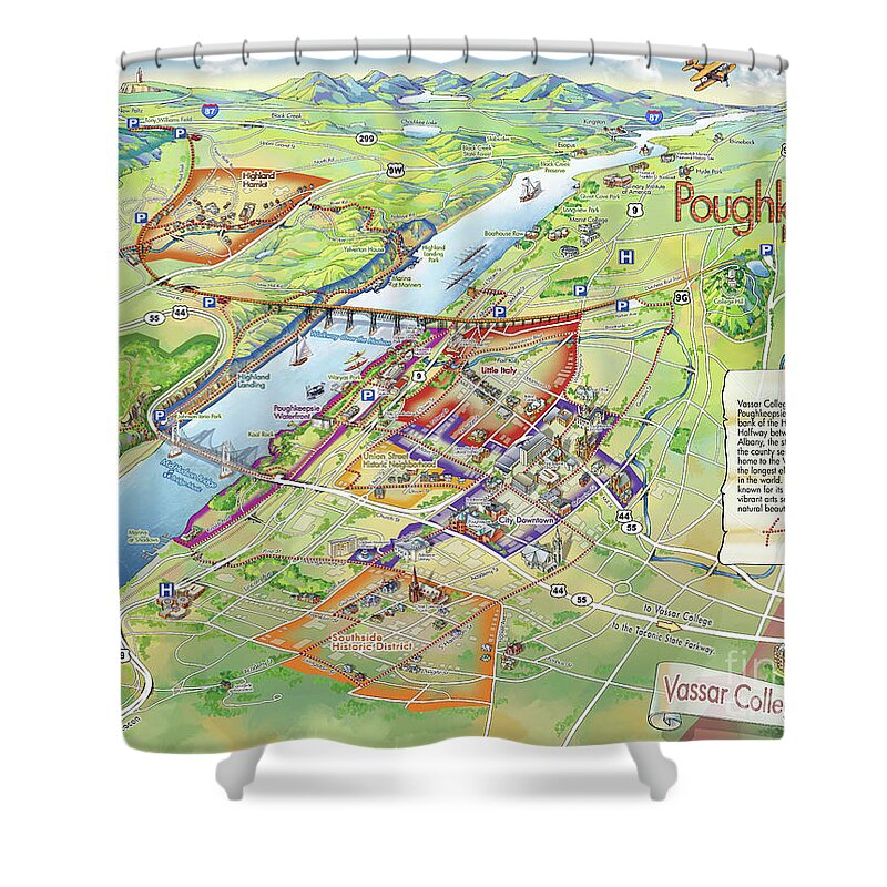 Vassar College Shower Curtain featuring the digital art Poughkeepsie and Vassar College Illustrated Map by Maria Rabinky
