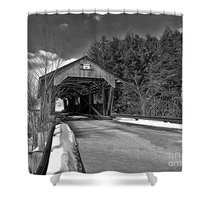 Black And White Shower Curtain featuring the photograph Powerhouse Covered Bridge by Steve Brown