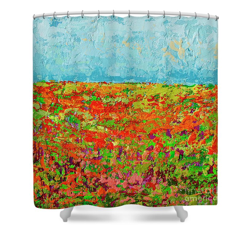 Sky Painting Shower Curtain featuring the painting Prairie of WildFlower Field - Modern Impressionist Artwork by Patricia Awapara