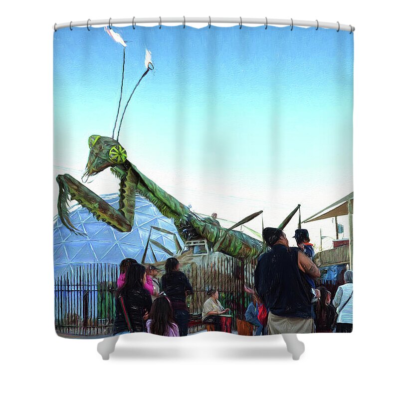 Las Vegas Shower Curtain featuring the mixed media Praying Mantis Las vegas by Tatiana Travelways