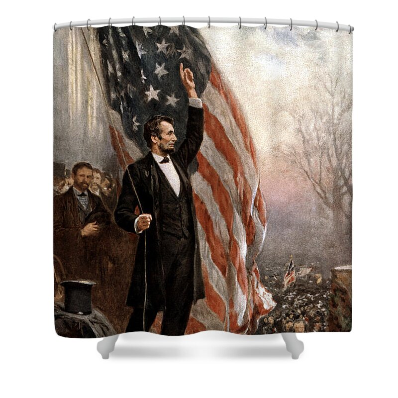 Abraham Lincoln Shower Curtain featuring the painting President Abraham Lincoln Giving A Speech by War Is Hell Store