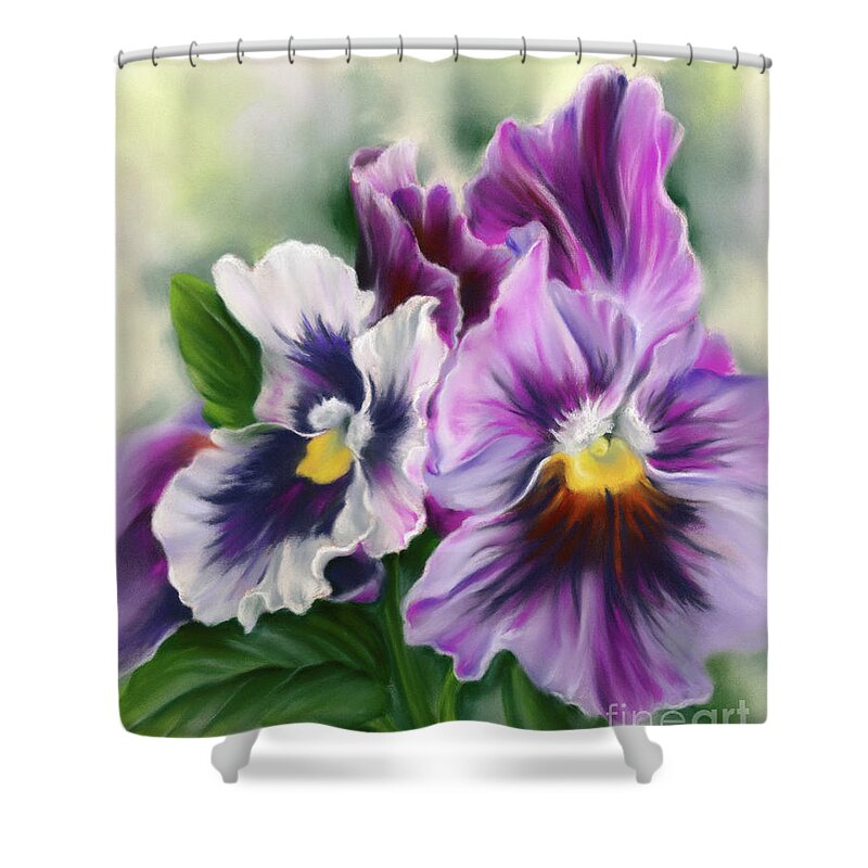 Botanical Shower Curtain featuring the painting Pretty Pansy Flowers and Leaves by MM Anderson