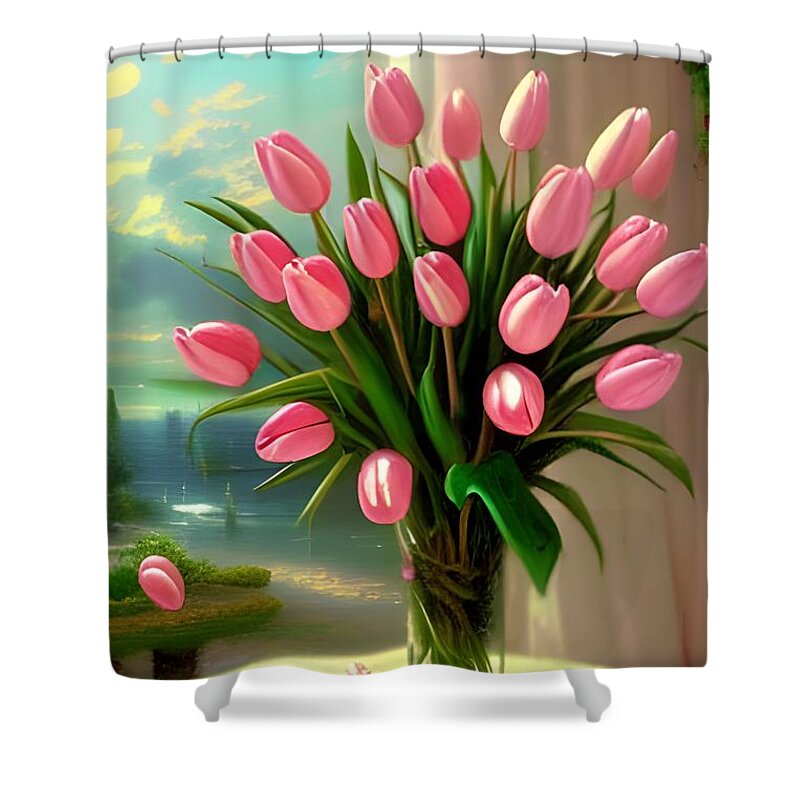 Floral Shower Curtain featuring the digital art Pretty Pink Tulips by Katrina Gunn