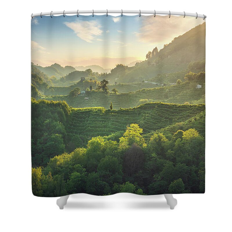 Prosecco Shower Curtain featuring the photograph Prosecco Hills hogback, vineyards at sunset. Unesco Site. Italy by Stefano Orazzini