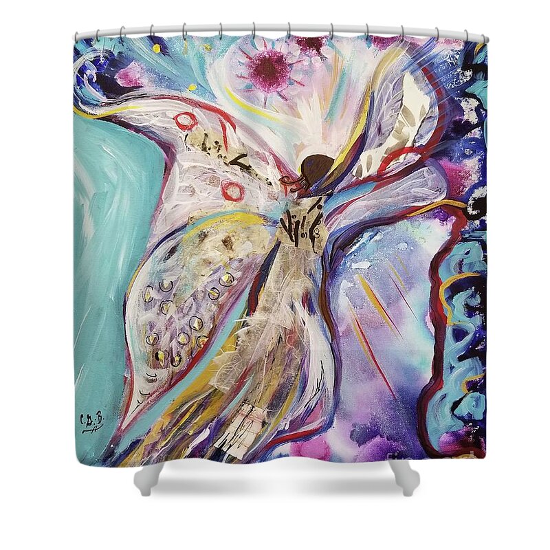 Angel Shower Curtain featuring the mixed media Protect Us by Catherine Gruetzke-Blais