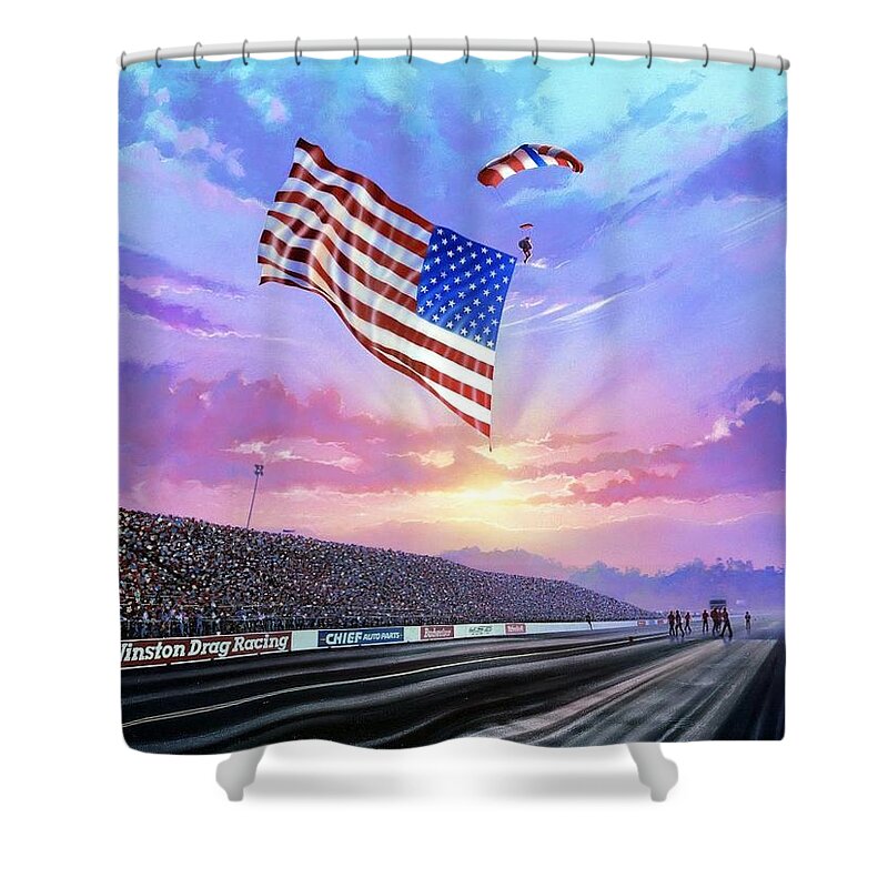 Drag Racing Nhra Top Fuel Funny Car John Force Kenny Youngblood Nitro Champion March Meet Images Image Race Track Fuel Mark Schlatter Skydiver Skydivers Flag Us Pomona Winternationals Shower Curtain featuring the painting Proud To Be An American by Kenny Youngblood