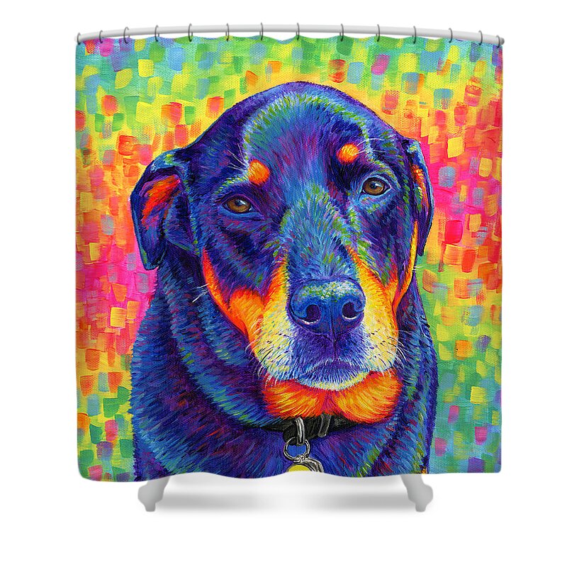Rottweiler Shower Curtain featuring the painting Psychedelic Rainbow Rottweiler by Rebecca Wang