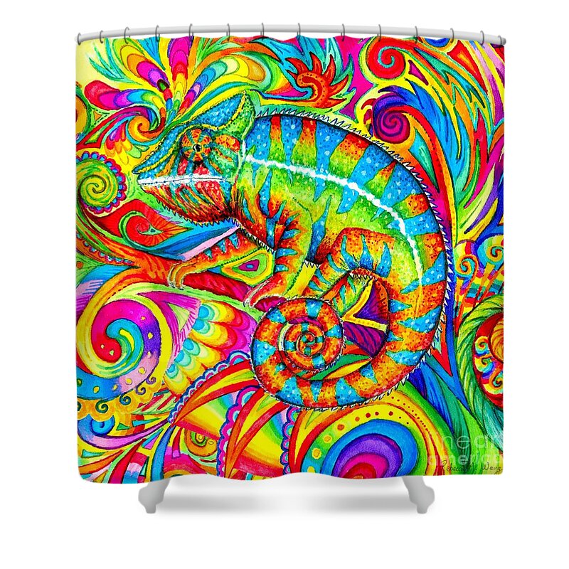 Chameleon Shower Curtain featuring the drawing Psychedelizard - Psychedelic Rainbow Chameleon by Rebecca Wang