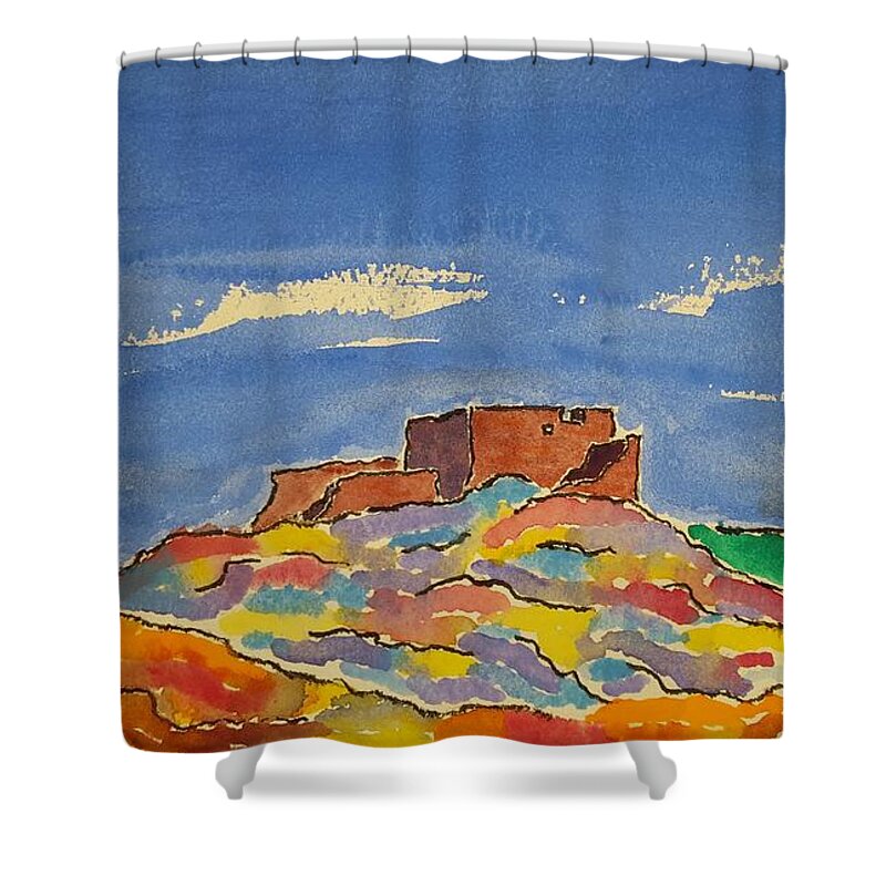 Watercolor Shower Curtain featuring the painting Pueblo of Lore by John Klobucher