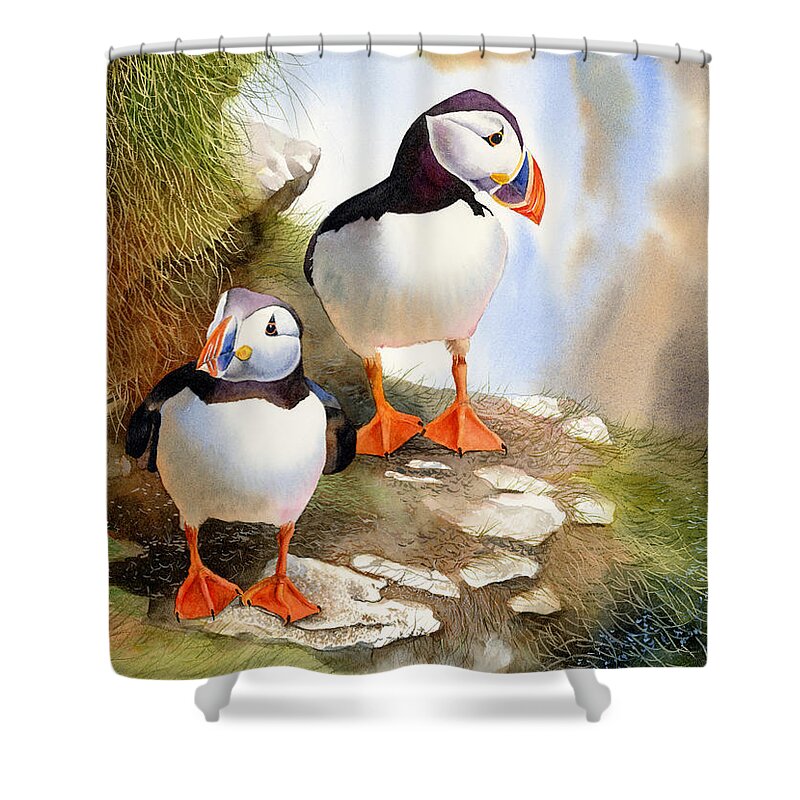 Puffins Shower Curtain featuring the painting Puffins by Espero Art