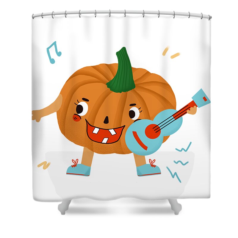 Music Shower Curtain featuring the drawing Pumpkins love to play the ukulele by Min Fen Zhu