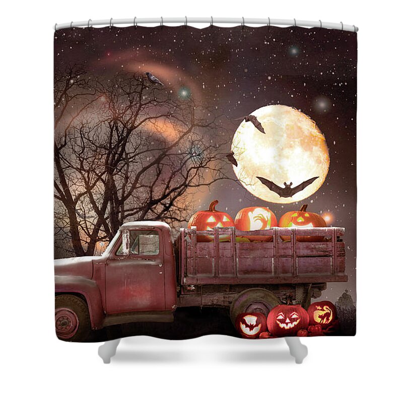 Truck Shower Curtain featuring the photograph Pumpkins under the Halloween Country Moon by Debra and Dave Vanderlaan