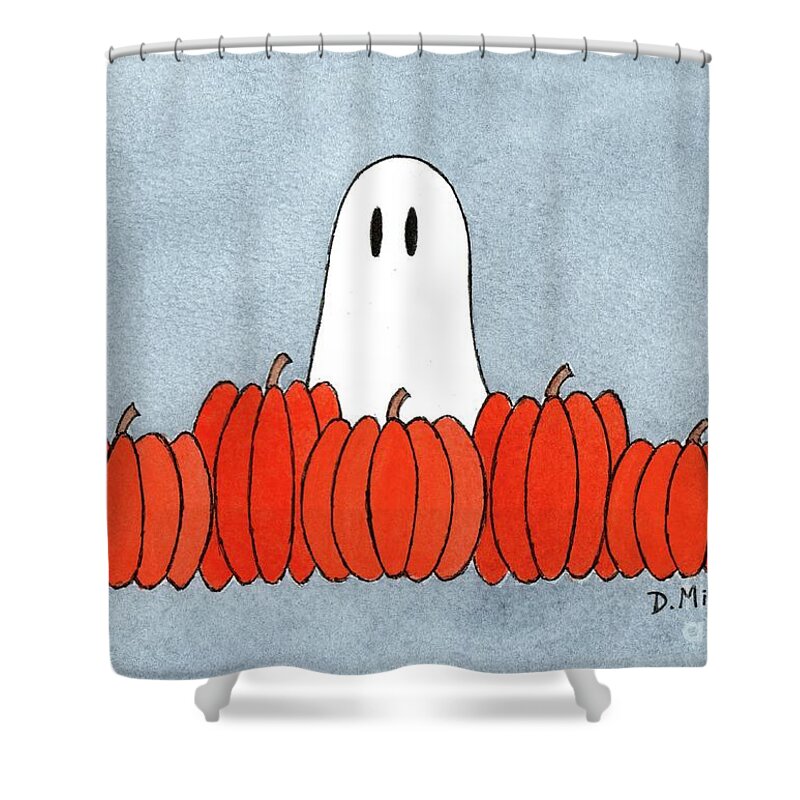 Pumpkins Shower Curtain featuring the painting Pumpkins with Ghost by Donna Mibus