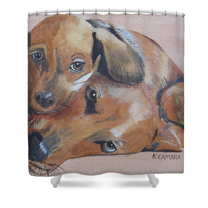 Pets Shower Curtain featuring the painting Puppies Cuddling by Kathie Camara