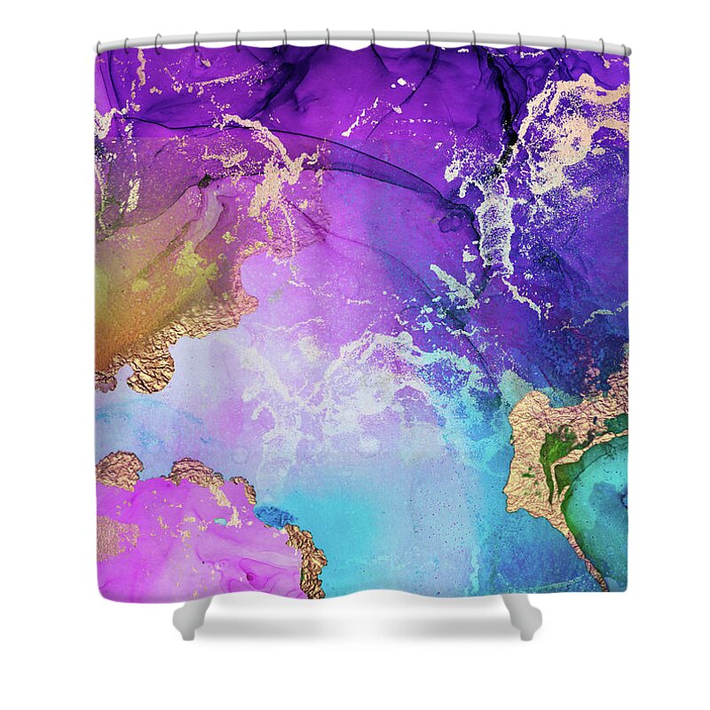 Purple Shower Curtain featuring the painting Purple, Blue And Gold Metallic Abstract Watercolor Art by Modern Art