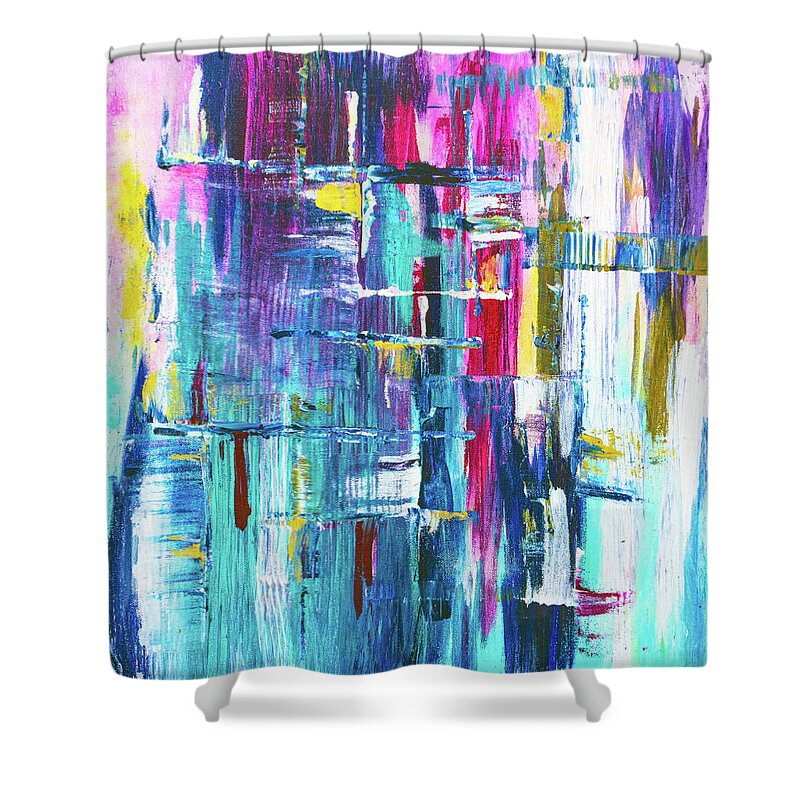 Square Shower Curtain featuring the painting Purple Blue Square Abstract by Joanne Herrmann