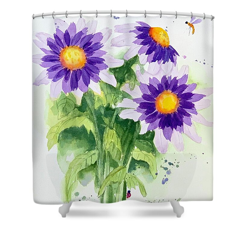Purple Shower Curtain featuring the painting Purple Daisies and Insects by Hilda Vandergriff