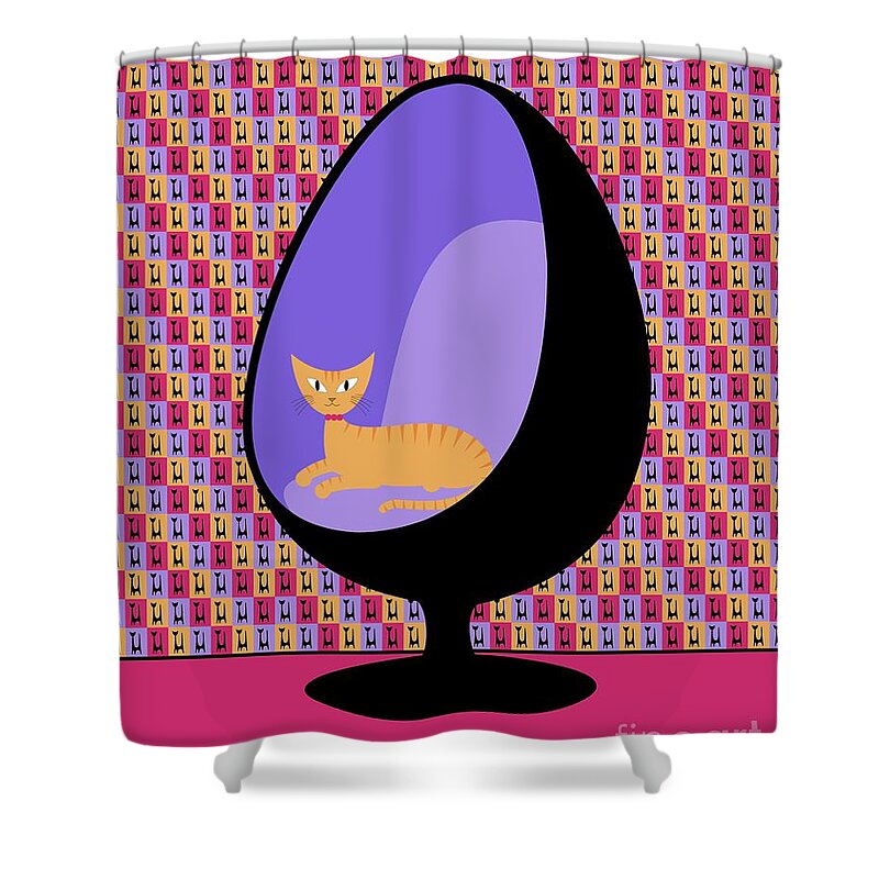 Mid Century Cat Shower Curtain featuring the digital art Purple Egg Chair Mod Wallpaper by Donna Mibus