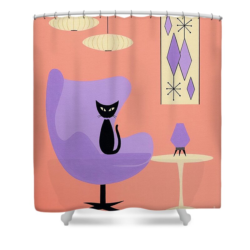 Mid Century Modern Black Cat Shower Curtain featuring the mixed media Purple Egg Chair with Diamonds by Donna Mibus