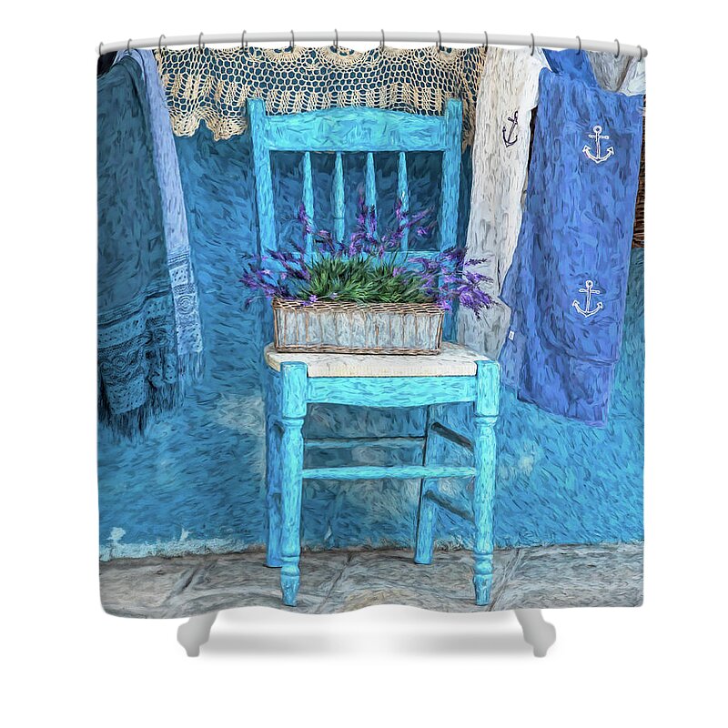 Venice Shower Curtain featuring the photograph Purple Flowers on Blue Chair by David Letts