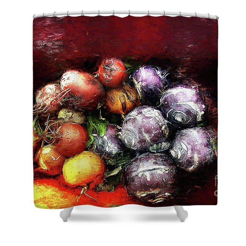 Food Shower Curtain featuring the digital art Purple Radishes by Deb Nakano