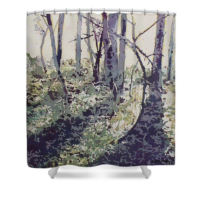 Spring Shower Curtain featuring the painting Purple Shadows of Spring by Jenny Armitage