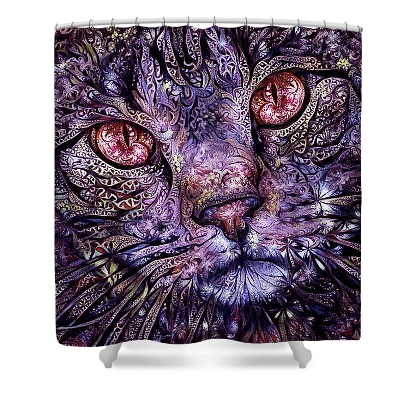 Tabby Cat Shower Curtain featuring the digital art Purple Tabby Cat by Peggy Collins