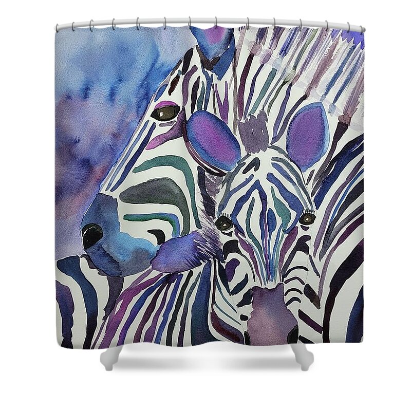 Zebras Shower Curtain featuring the painting Purple Zebras by Ann Frederick