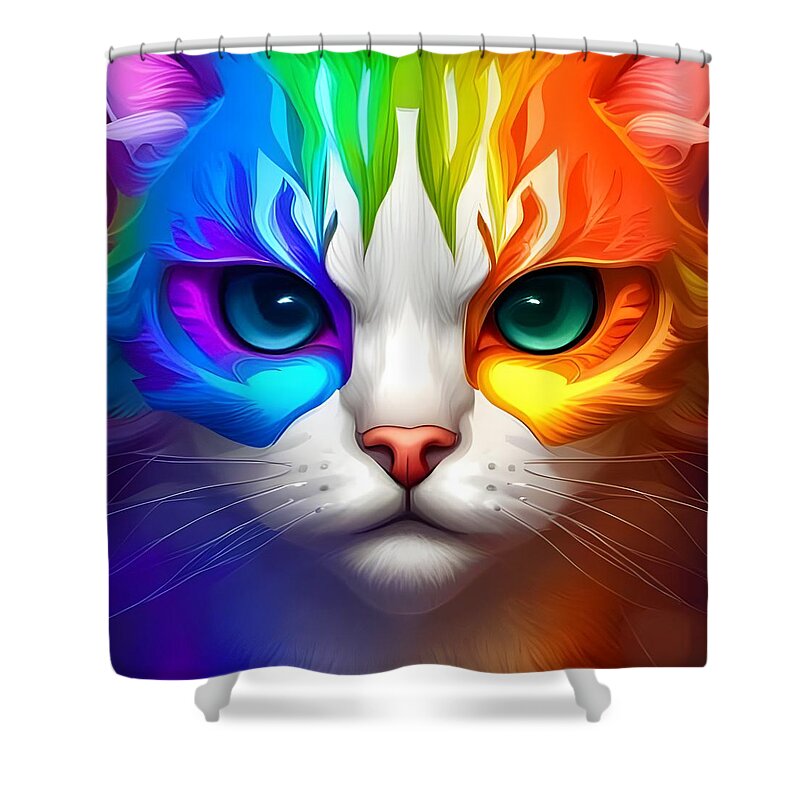 Rainbow Color Cat Shower Curtain featuring the digital art Purrfectly Colorful - Rainbow Color Cat Art That Celebrates Whimsy by Artvizual Premium