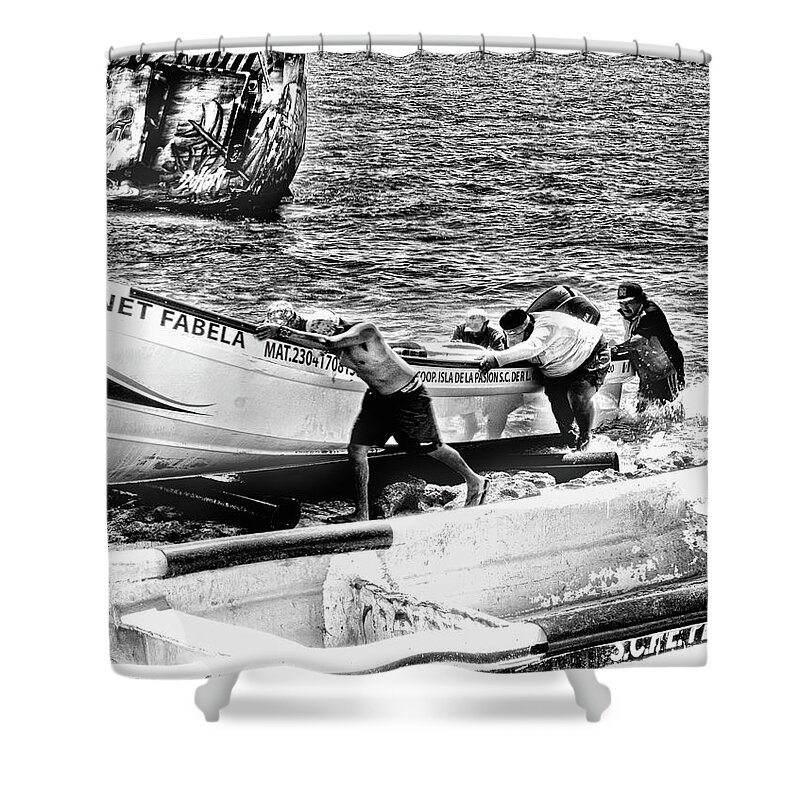 Boat Shower Curtain featuring the photograph Pushing it Ashore by Kevin Duke