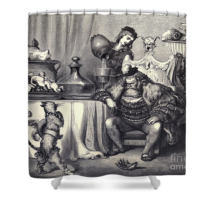 Puss In Boots Shower Curtain featuring the drawing Puss in Boots by Gustave Dore w2 by Historic illustrations