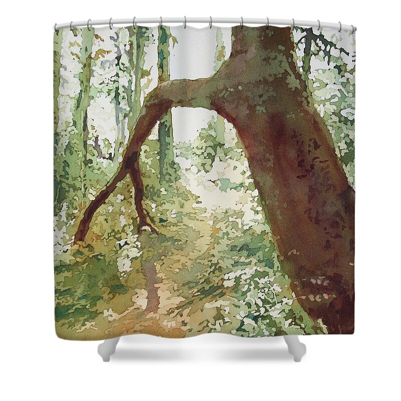 Douglass Fir Shower Curtain featuring the painting Putting Down New Roots by Jenny Armitage