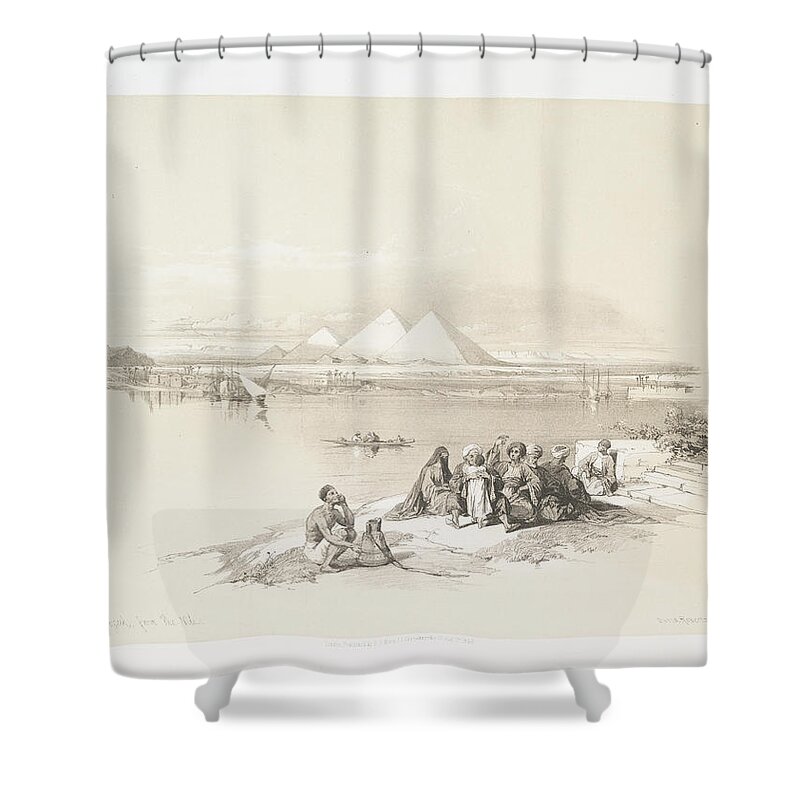 Pyramids Of Geezah Shower Curtain featuring the painting Pyramids of Geezah, from the Nile ca 1842 - 1849 by William Brockedon by Artistic Rifki